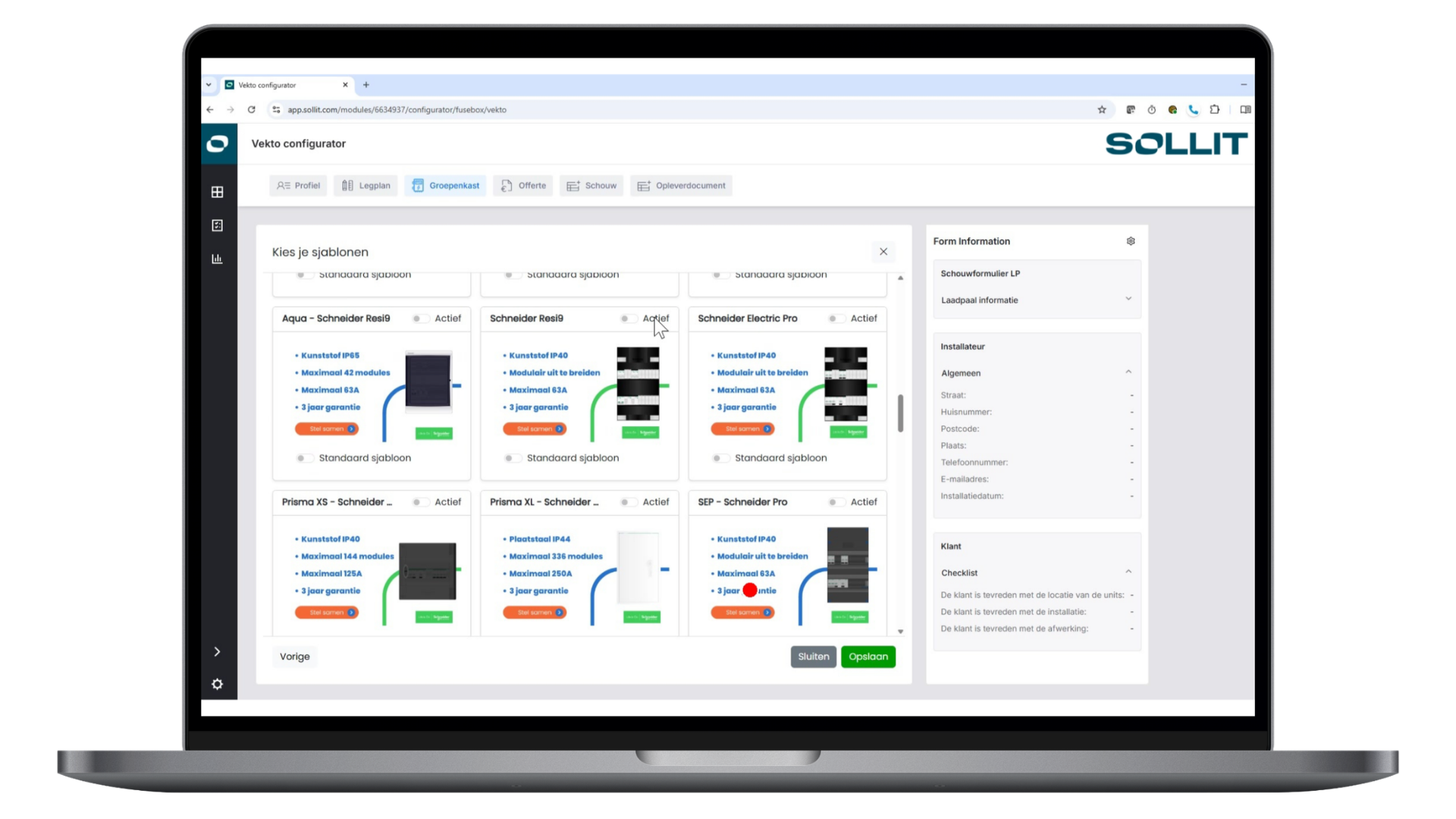 Vekto groepenkastconfigurator - Sjablonen mock up Sollit