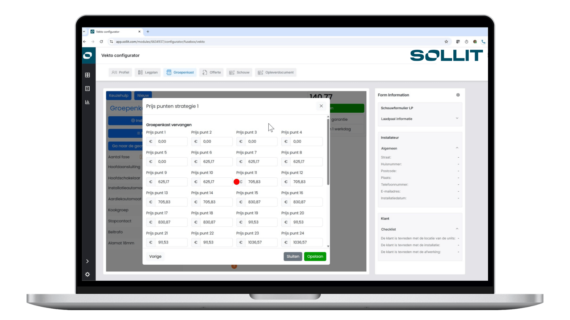 Vekto groepenkastconfigurator Puntenprijsstelling Sollit